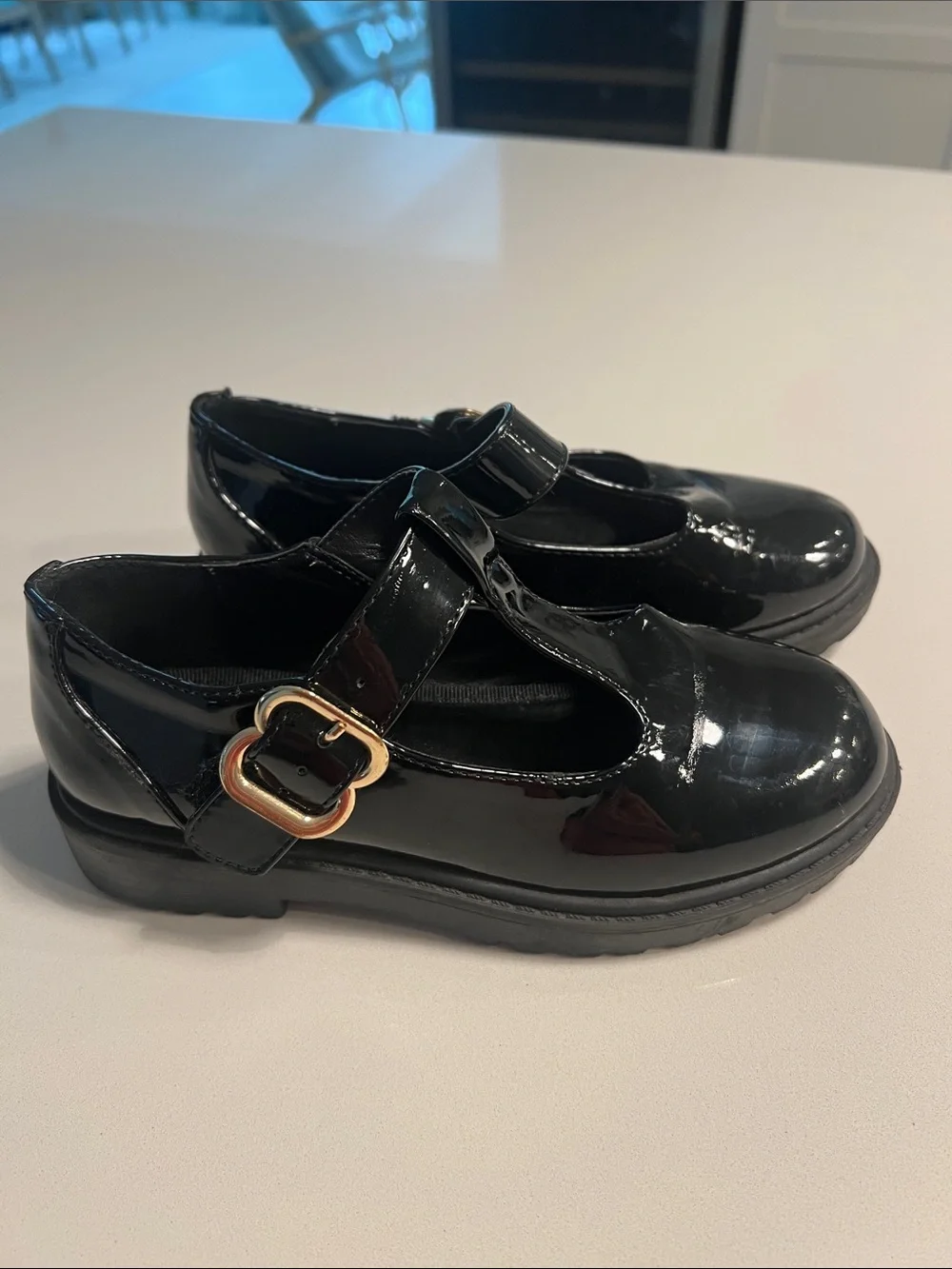 Girls' Black Patent T-Strap Dress Shoes with Buckle